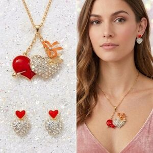 Gold-plated Crystal double heart bow necklace earrings set